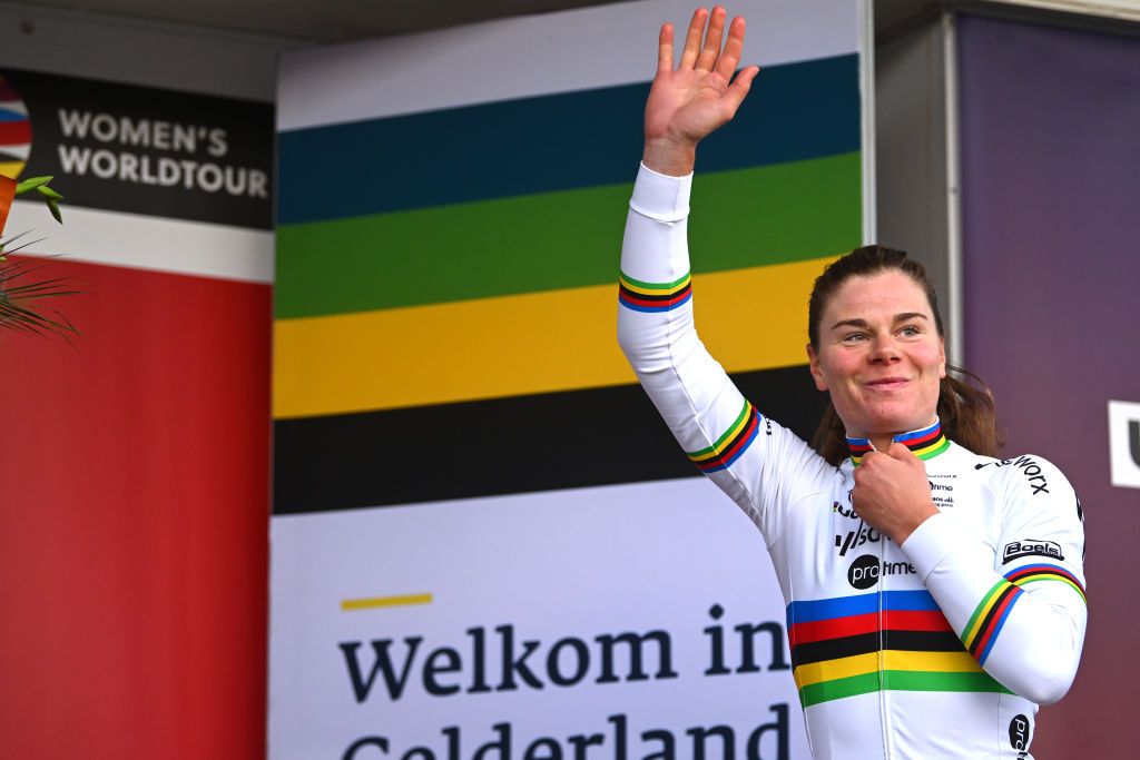 ARNHEM NETHERLANDS OCTOBER 13 Lotte Kopecky of Belgium and Team SD Worx Protime celebrates at podium as stage winner during the 26th Simac Ladies Tour 2024 Stage 6 a 1458km stage from Arnhem to Arnhem UCIWWT on October 13 2024 in Arnhem Netherlands Photo by Luc ClaessenGetty Images