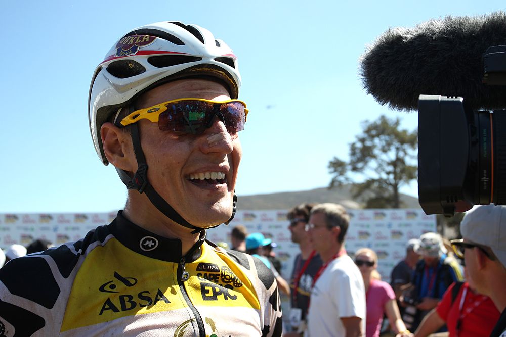 Jaroslav Kulhavy of Investec-Songo-Specialized is interviewed after winning his second Absa Cape Epic