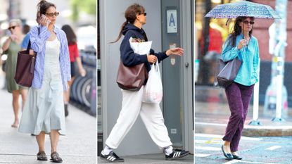 Split image of katie holmes wearing the madewell essential bucket tote bag