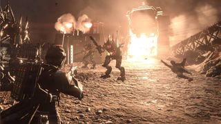 Helldivers 2 Redacted Regiment Warbond two helldivers fighting automaton robots in a base