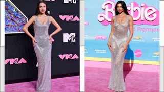 Olivia Rodrigo at the 2023 VMAs and Dua Lipa at the Barbie movie world premiere both wearing silver glittery dresses