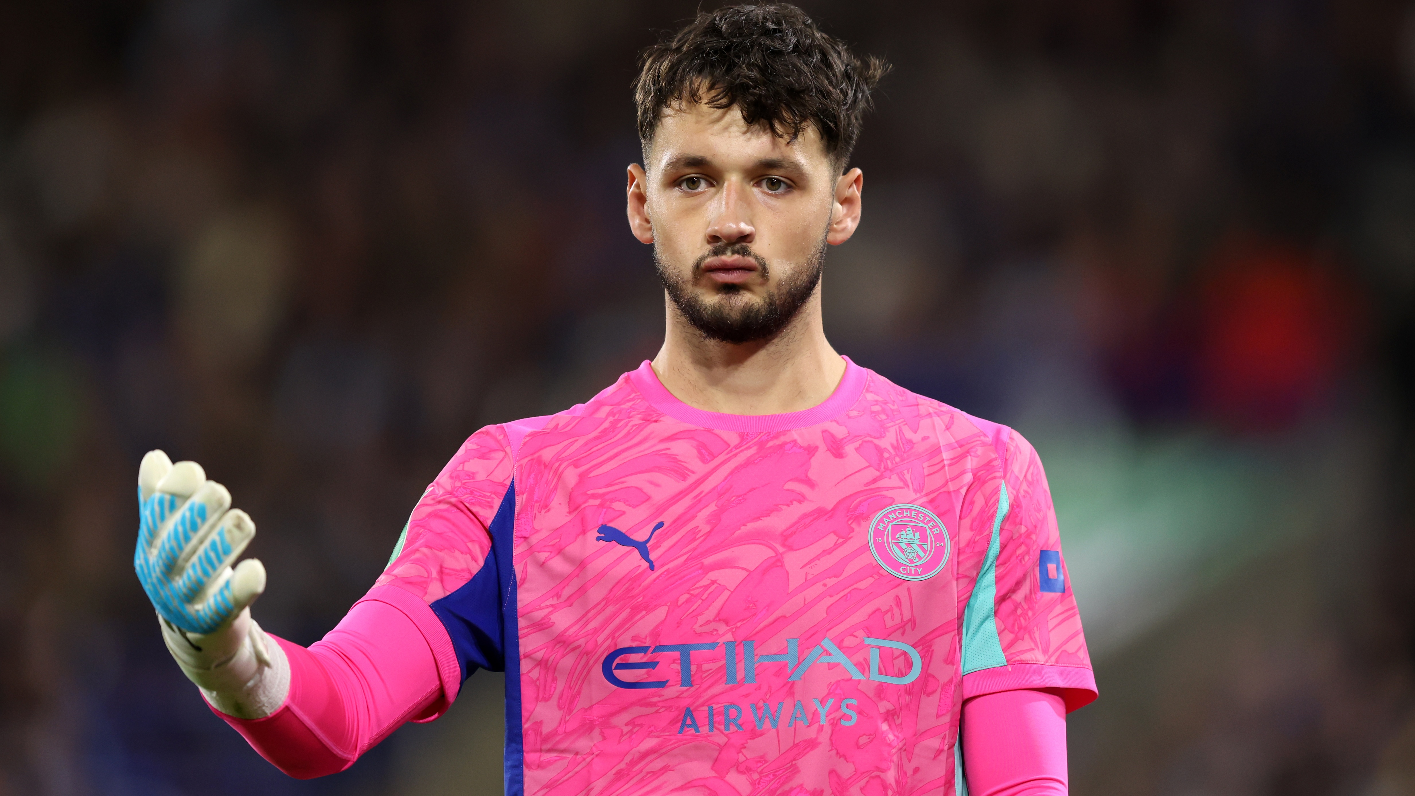 James Trafford of Manchester City reacts during the Carabao Cup Third Round match between Huddersfield Town and Manchester City at Accu Stadium on September 24, 2025 in Huddersfield, England.