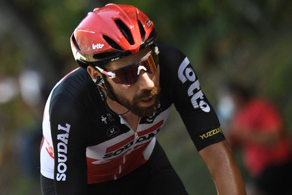 Team Lotto rider Belgiums Thomas De Gendt rides ahead during the 7th stage of the 107th edition of the Tour de France cycling race 168 km between Millau and Lavaur on September 4 2020 Photo by AnneChristine POUJOULAT AFP Photo by ANNECHRISTINE POUJOULATAFP via Getty Images