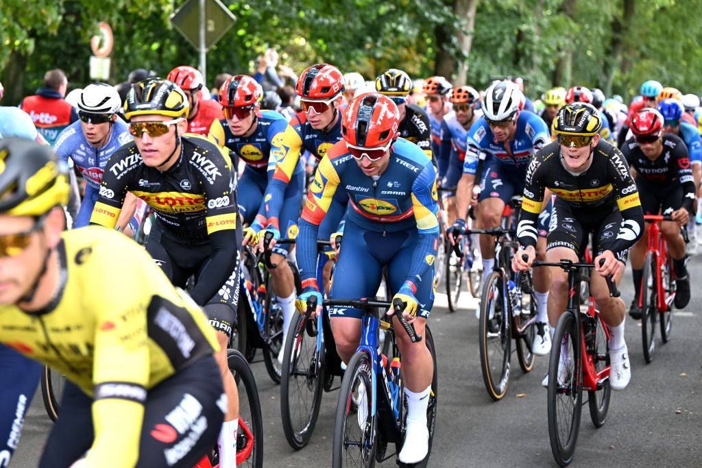 MUNSTER GERMANY OCTOBER 03 Simone Consonni of Italy and Team Lidl Trek C competes during the 18th Sparkassen Mnsterland Giro 2024 a 202km one day race from Haltern Am See to Munster on October 03 2024 in Munster Germany Photo by Christian KasparBartkeGetty Images