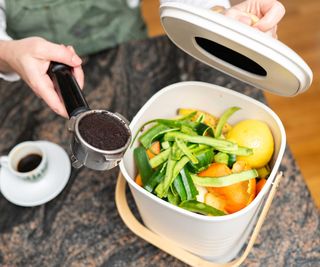 person composting coffee grounds in kitchen compost bin