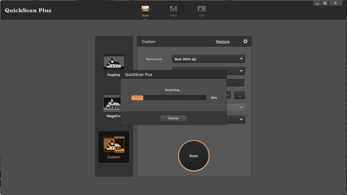 Screenshot from Plustek QuickScan Plus software showing the user interface