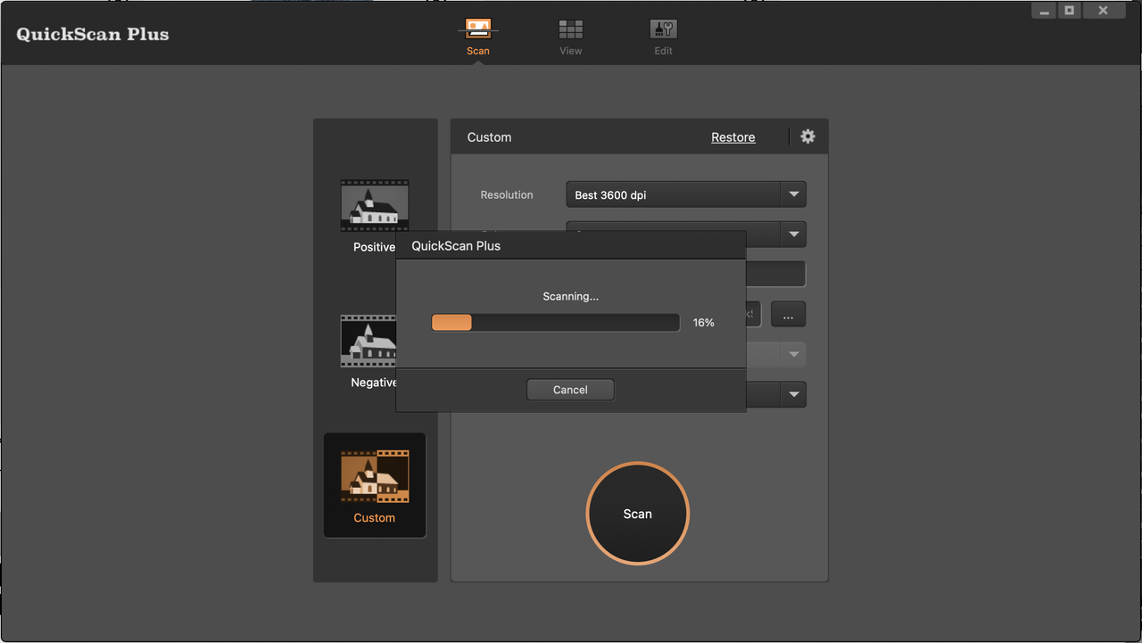 Screenshot from Plustek QuickScan Plus software showing the user interface