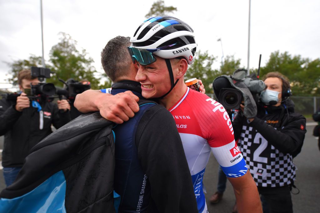OUDENAARDE BELGIUM OCTOBER 18 Arrival Mathieu Van Der Poel of The Netherlands and Team AlpecinFenix Adrie Van der Poel of The Netherlands Ex procyclist Father Celebration during the 104th Tour of Flanders 2020 Ronde van Vlaanderen Men Elite a 2433km race from Antwerpen to Oudenaarde RVV20 FlandersClassic on October 18 2020 in Oudenaarde Belgium Photo by Luc ClaessenGetty Images
