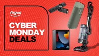 Various products from the Argos Cyber Monday sale next to TechRadar deals logo