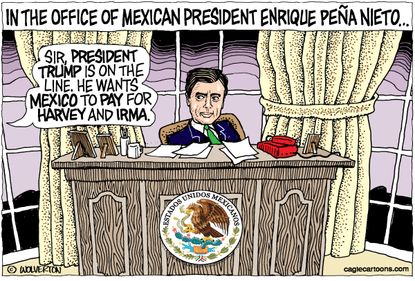 Political cartoon U.S. Trump border wall Mexico Irma Harvey