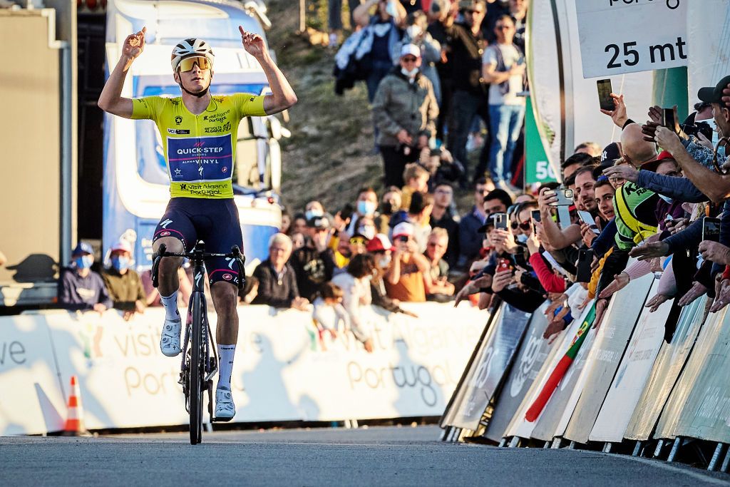 Remco Evenepoel celebrates victory at the 2022 Volta ao Algarve