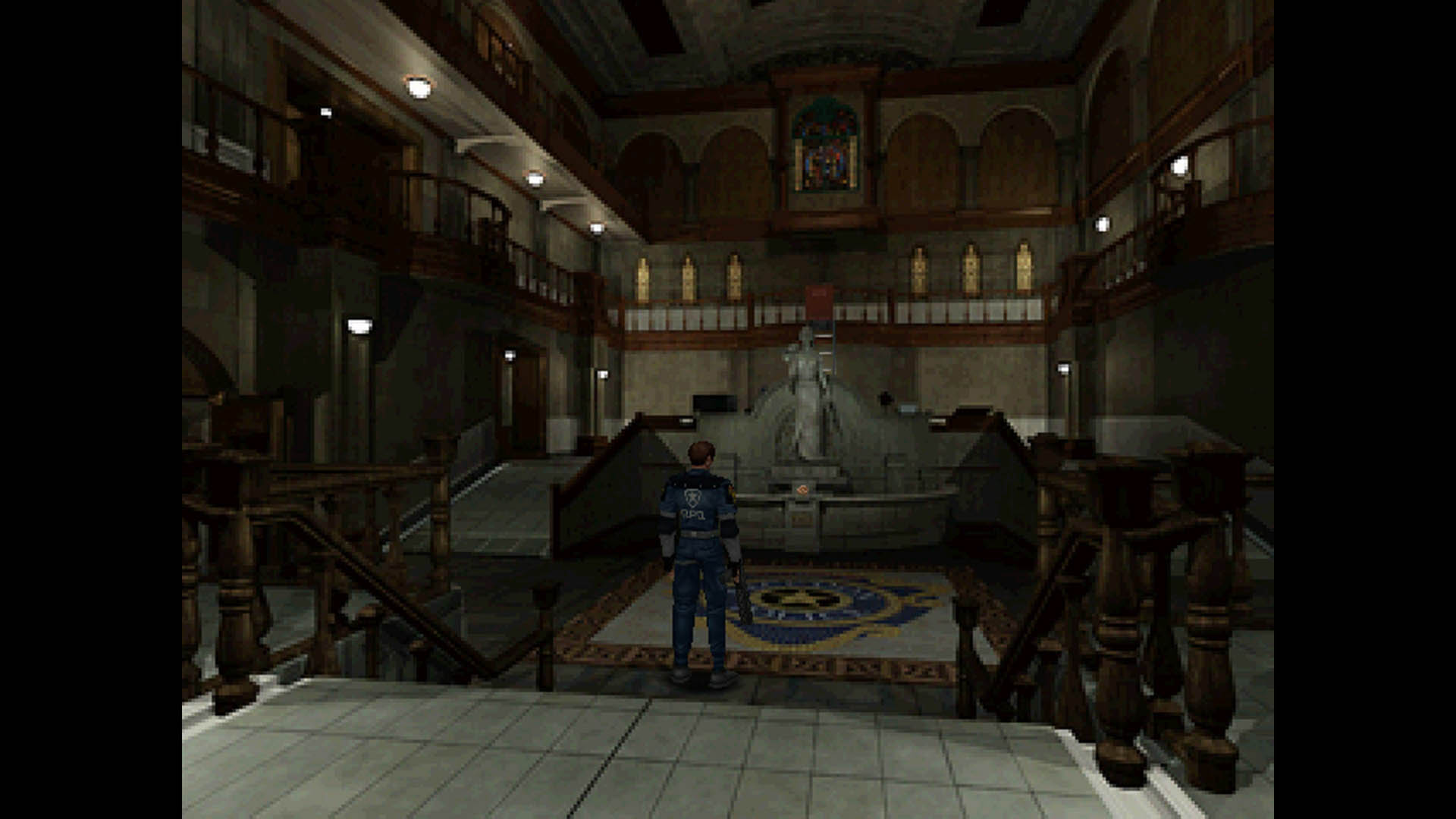 Leon Kennedy stands in the lobby of the Raccoon Police City Station in Resident Evil 2 for the PC