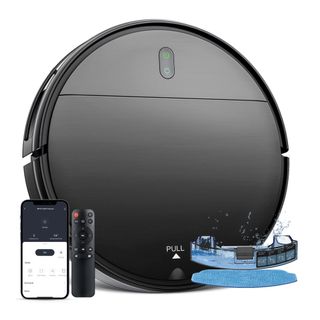 An ONSON Robot Vacuum Cleaner on a white background with a phone showing its app and a remote control