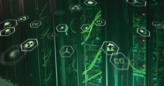 An assortment of icons denoting economic harm and digital data processing overlayed on an image of computer servers.