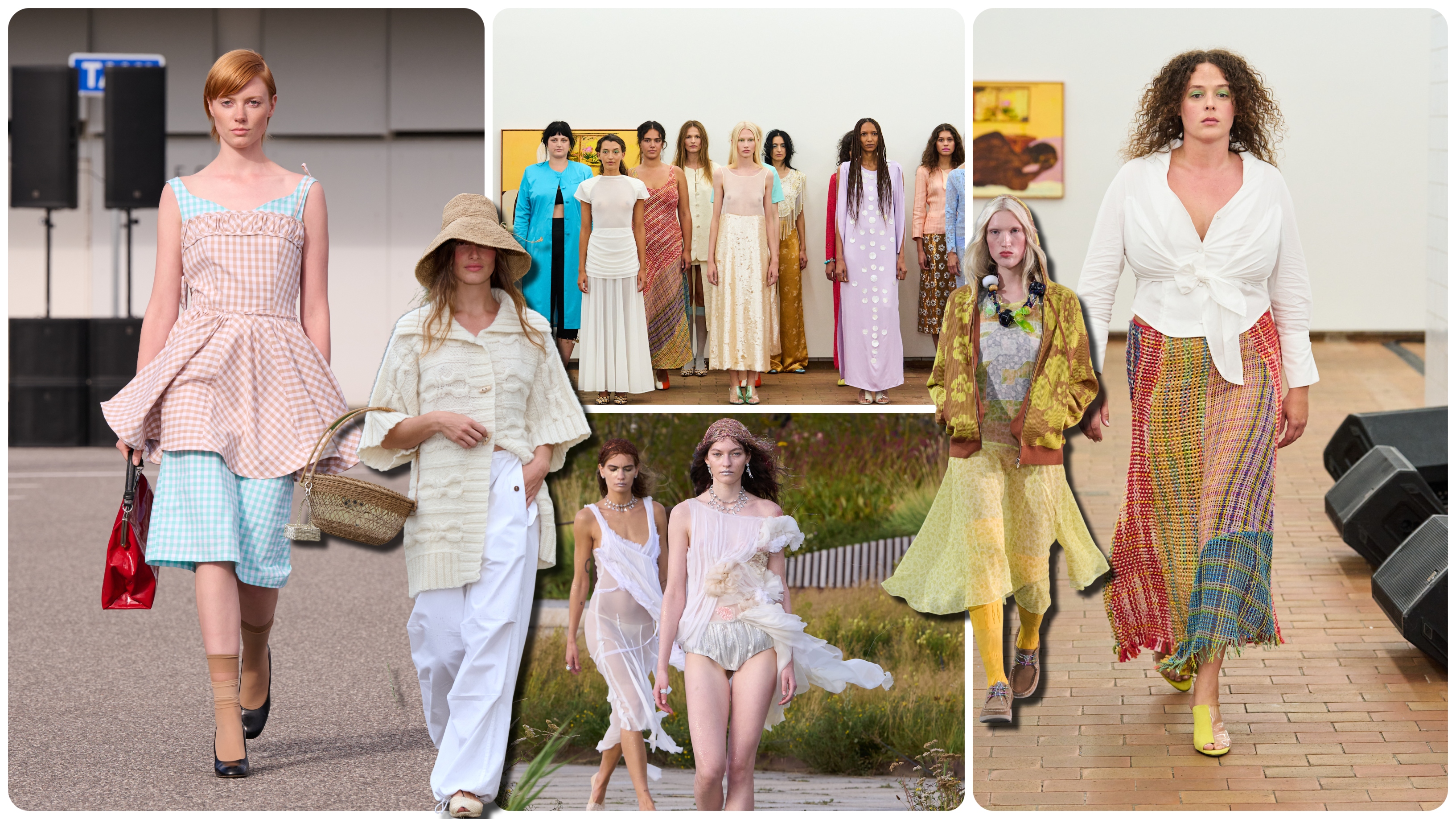 Collage of Spring 2027 Copenhagen Fashion Week runway looks featuring gingham, colorful knits, sheer dresses, textured skirts, and relaxed white separates.
