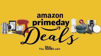 Prime Day deals Real Homes banner – Mustard background with product cut outs