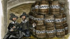 Who was Guy Fawkes illustrated by cartoon gun powder barrels and two men