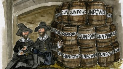 Who was Guy Fawkes illustrated by cartoon gun powder barrels and two men