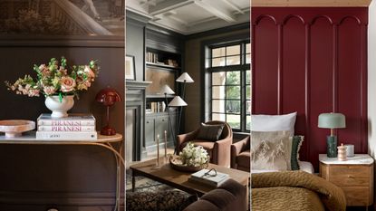 dark brown wall with console table and flowers, dark green living room, dark red bedroom