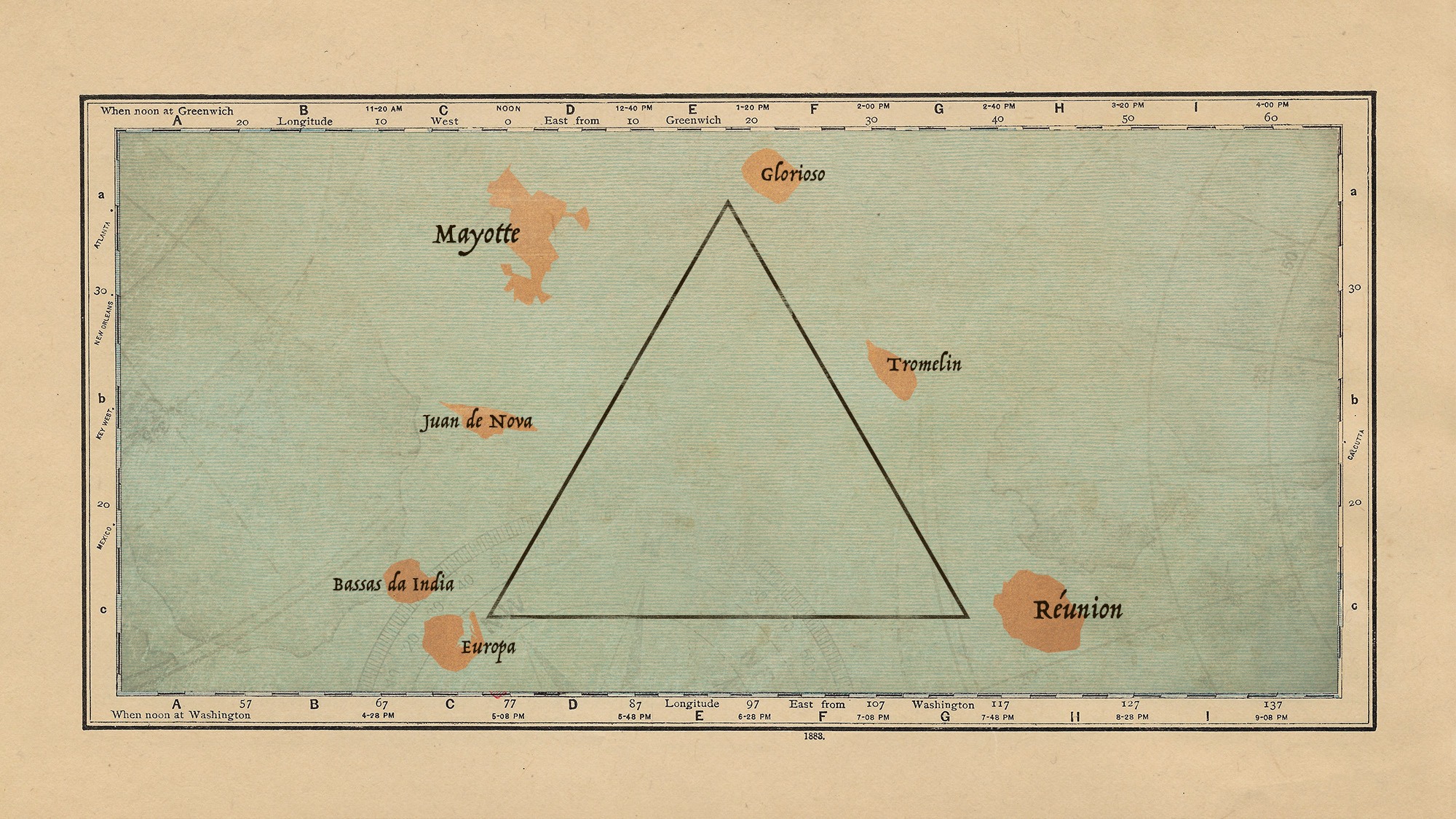 Illustrative collage of the Scattered Islands, as well as Mayotte and Reunion, forming a triangle in the Indian Ocean.