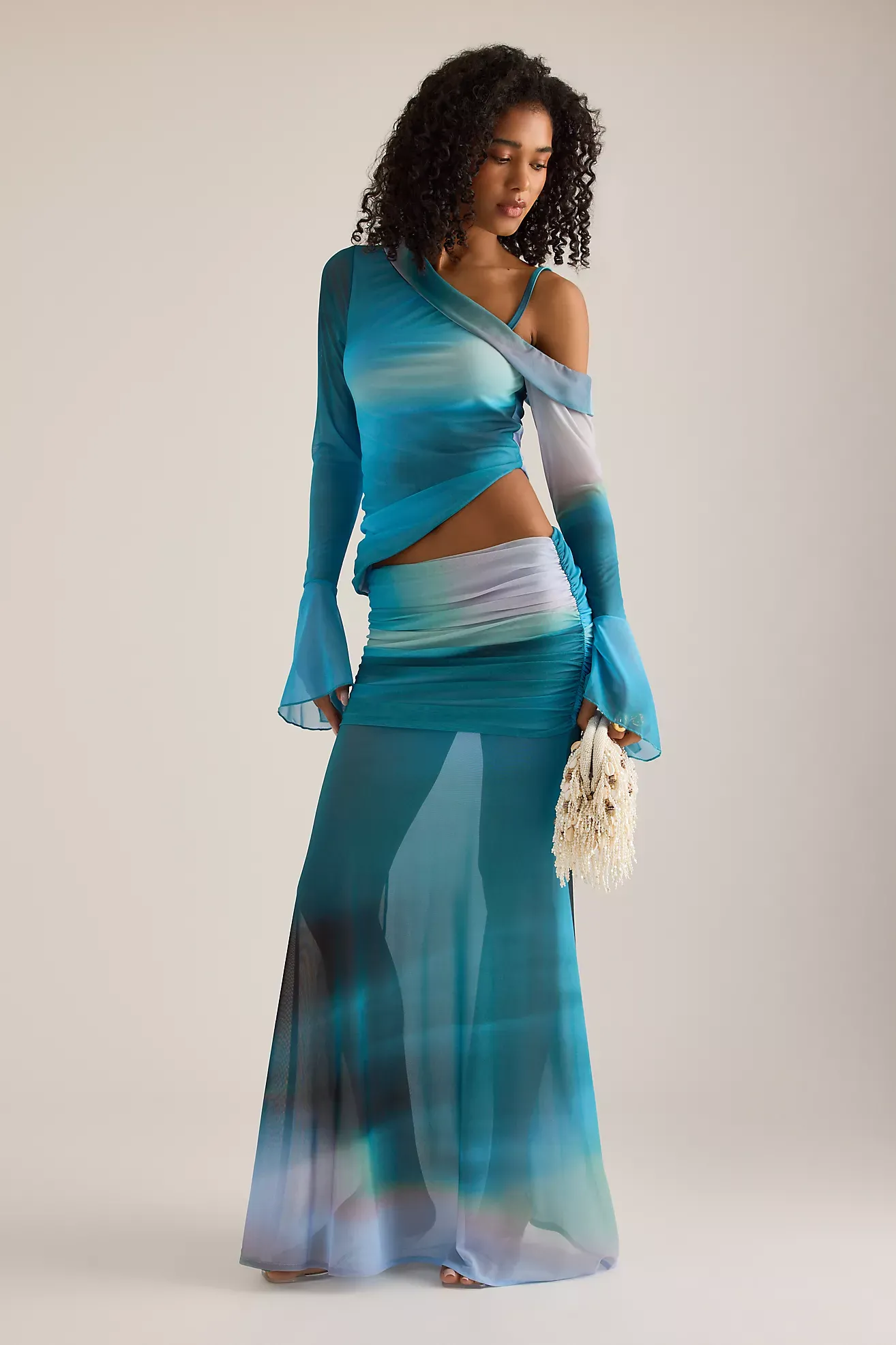Feners Susurro Ruched Drop-Waist Mesh Maxi Skirt