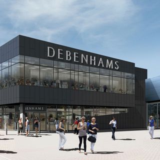 grey coloured debenhams store buidling with crowd of people