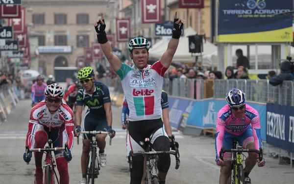 Philippe Gilbert (Omega Pharma - Lotto) celebrates a win in stage 5 of the Tirreno-Adriatico
