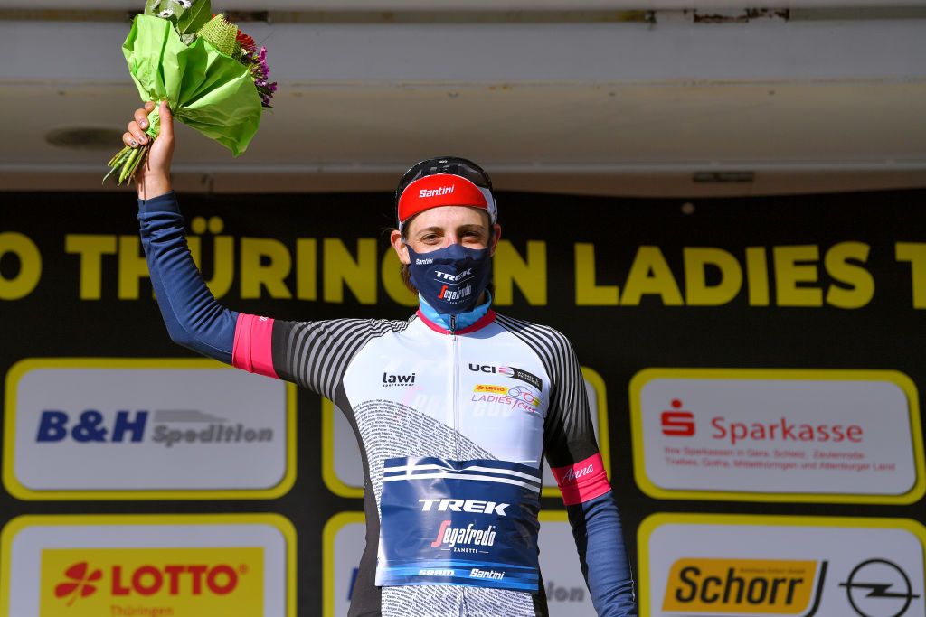 SCHLEIZ GERMANY MAY 27 Lucinda Brand of Netherlands and Trek Segafredo stage winner jersey celebrates at podium during the 34th Internationale LOTTO Thringen Ladies Tour 2021 Stage 3 a 1165km stage from Schleiz to Schleiz ltlt2021 lottothueringenladiestour womencycling on May 27 2021 in Schleiz Germany Photo by Luc ClaessenGetty Images