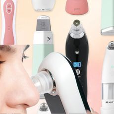 a collage of pore vacuums with a close up of a woman's nose using a white pore vacuum device