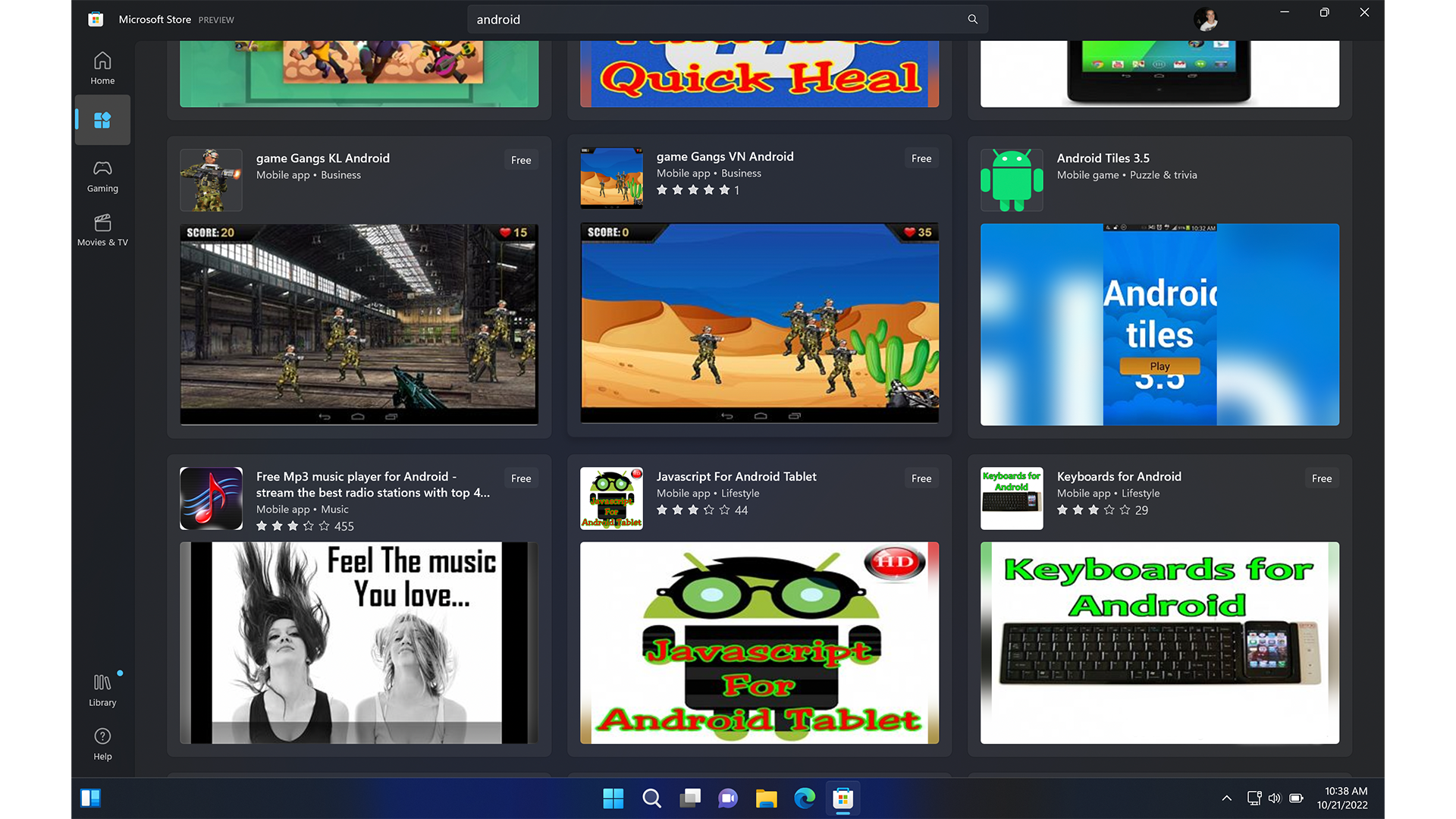Android apps in Windows 11