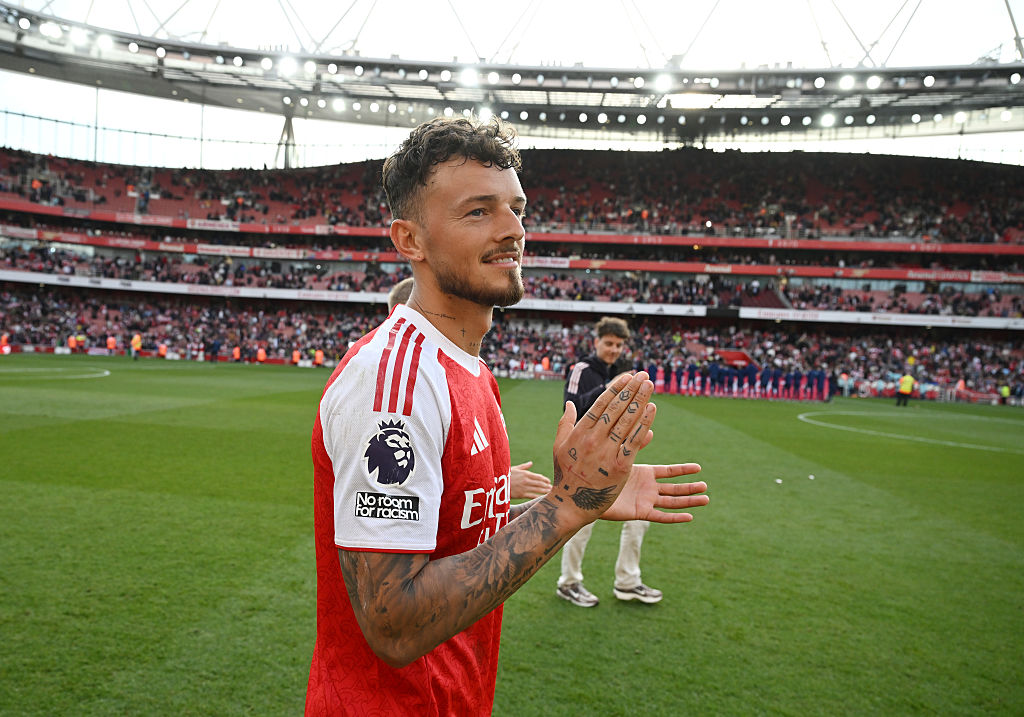 Ben White of Arsenal acknowledges the fans after the teams 1-0 victory in the Premier League match between Arsenal FC and Newcastle United FC at Emirates Stadium on May 18, 2025 in London, England.