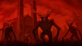 Dusk key art demons wandering field in front of church all red tinted