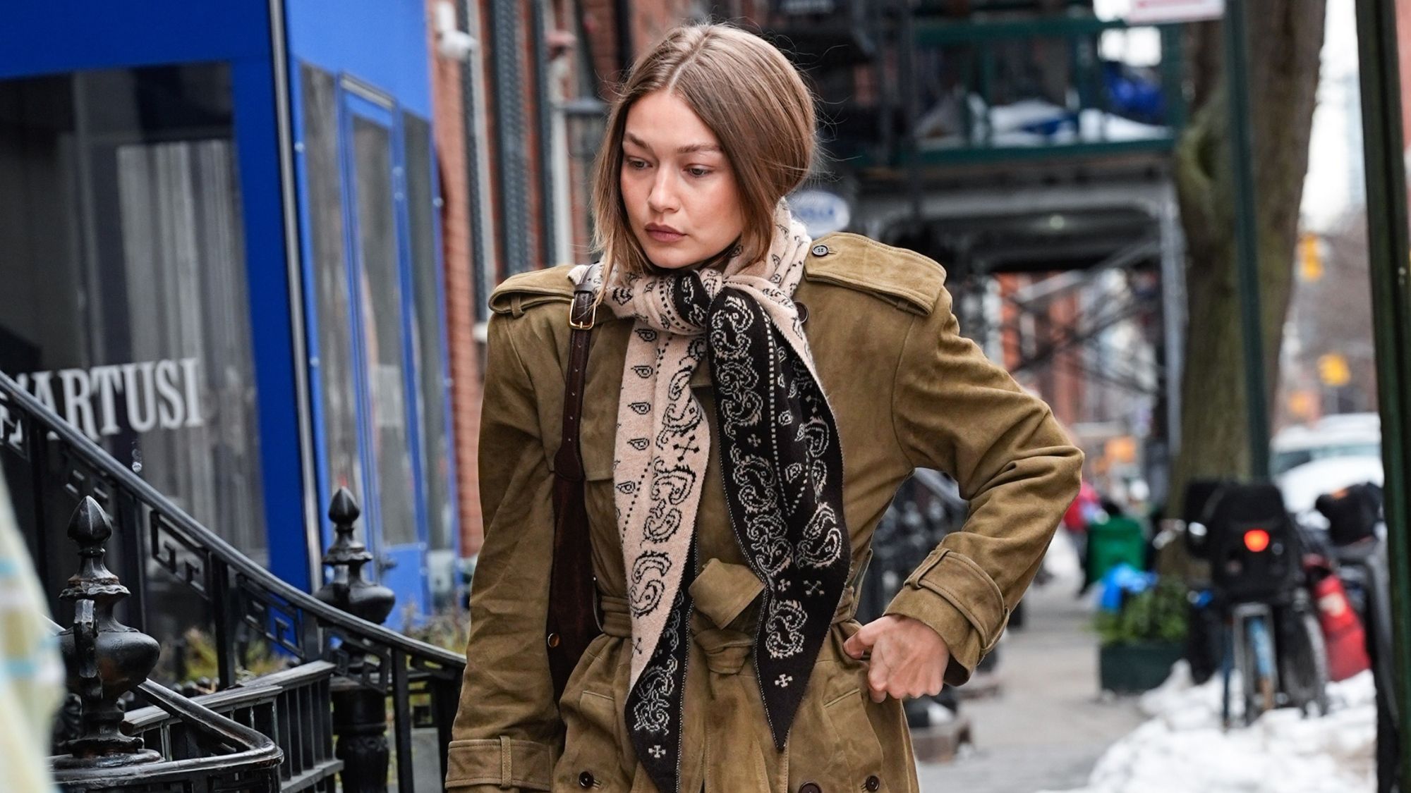 Gigi Hadid Suede Trench And Triangle Scarf