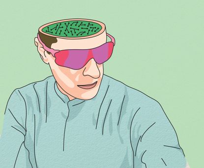 Illustration of a cyclist's head with the brain showing - the top of the head removed