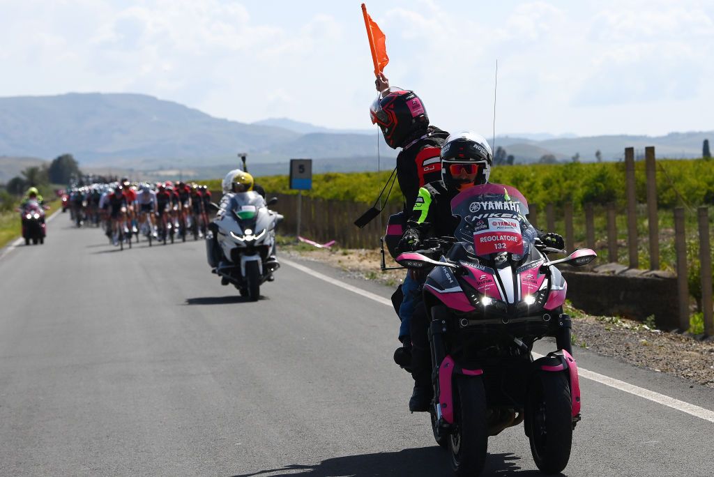 ETNA PIAZZALE RIFUGIO SAPIENZA ITALY MAY 10 RCS UCI motorbike regulator during the 105th Giro dItalia 2022 Stage 4 a 172km stage from Avola to Etna Piazzale Rifugio Sapienza 1899m Giro WorldTour on May 10 2022 in Etna Piazzale Rifugio Sapienza Italy Photo by Tim de WaeleGetty Images