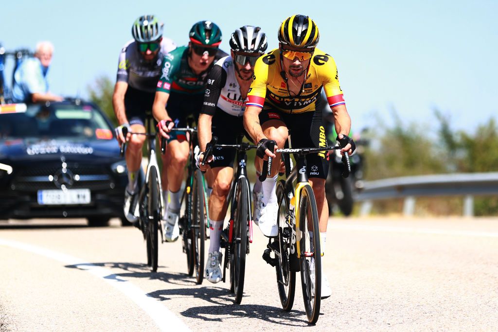 VILLARCAYO SPAIN AUGUST 17 LR Damien Howson of Australia and Q365 Pro Cycling Team Aleksandr Vlasov of Russia and Team BORA hansgrohe Adam Yates of Great Britain and UAE Team Emirates and Primo Roglic of Slovenia and Team JumboVisma compete in the breakaway during the 45th Vuelta a Burgos 2023 Stage 3 a 183km stage from Sargentes de la Lora to Villarcayo on August 17 2023 in Villarcayo Spain Photo by Gonzalo Arroyo MorenoGetty Images