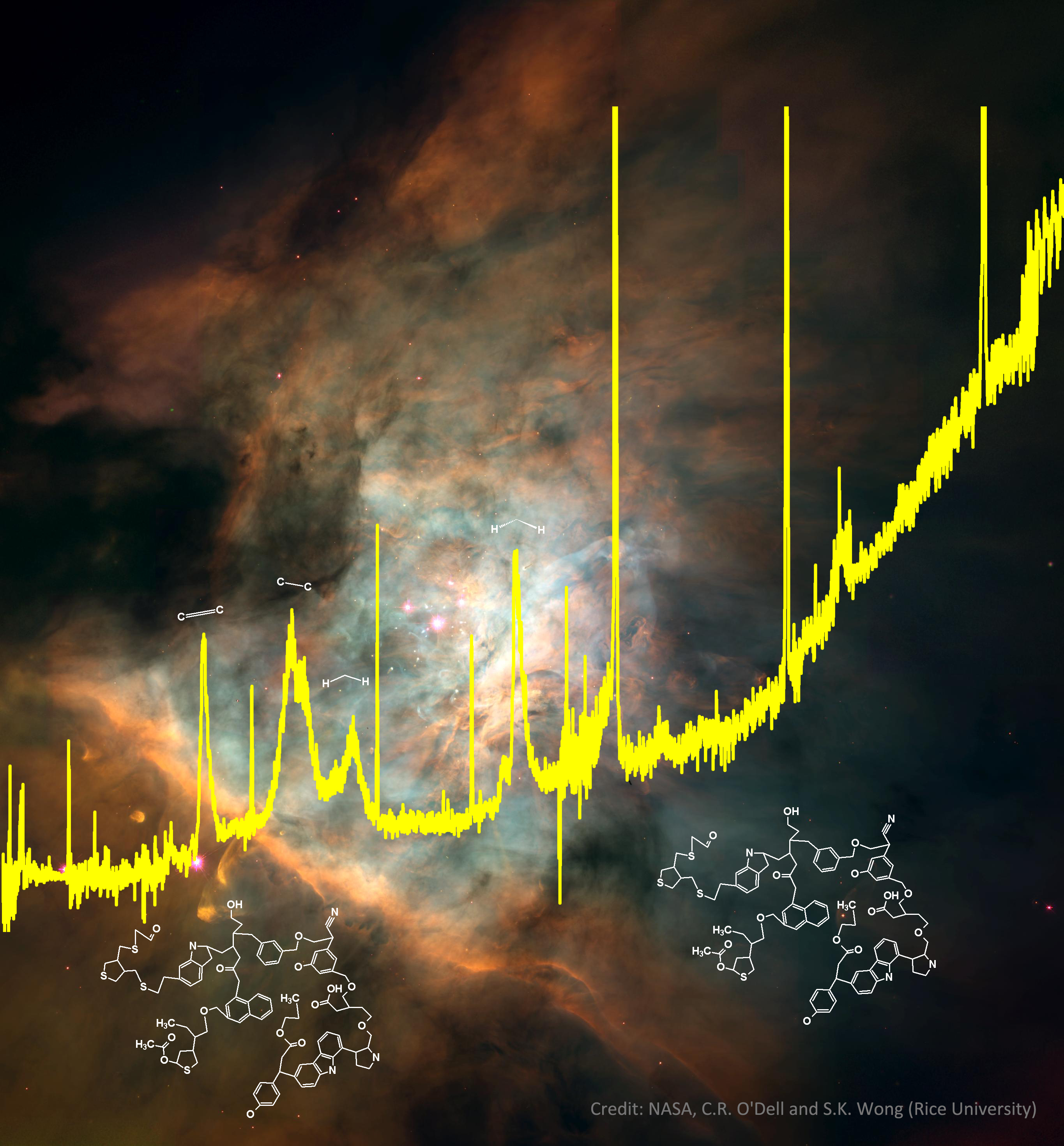 A spectrum from the European Space Agency&#039;s Infrared Space Observator superimposed on an image of the Orion nebula, where these complex organics are found.