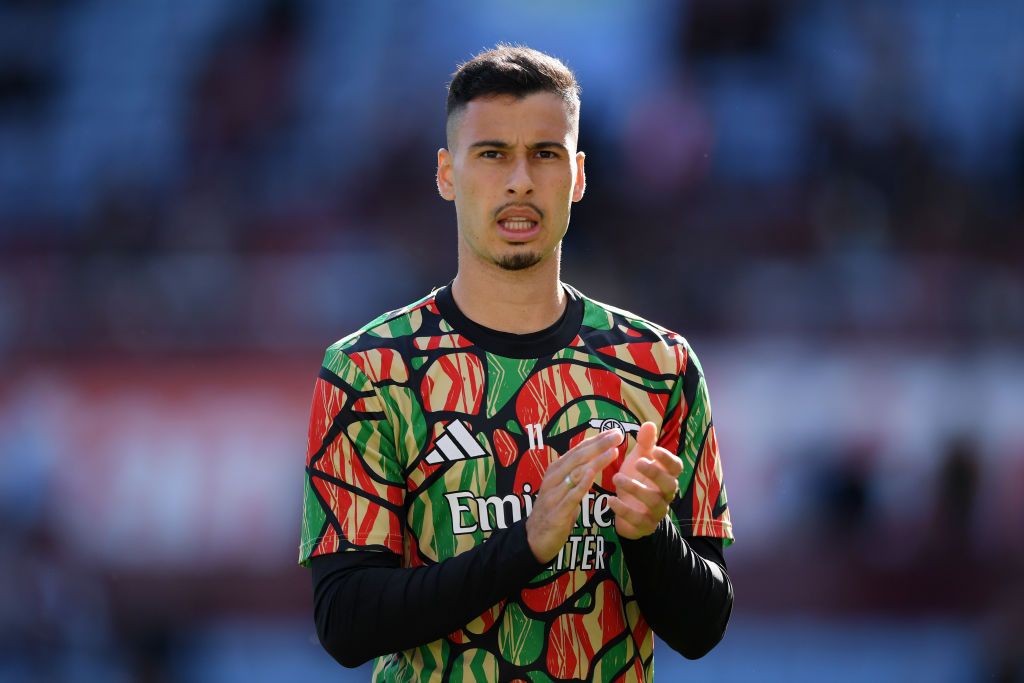 Gabriel Martinelli of Arsenal acknowledges the fans during the warm up prior to the Premier League match between Aston Villa FC and Arsenal FC at Villa Park on August 24, 2024 in Birmingham, England.