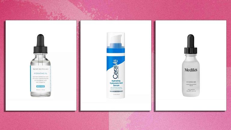 A selection of the best hyaluronic acid serums are pictured from left to right, Skinceuticals, CeraVe, Medik8