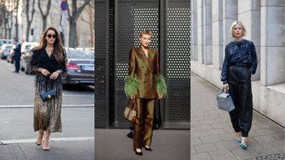 A composite of street style influencers wearing Christmas party outfits and Christmas party outfit ideas