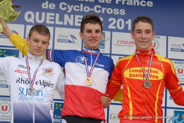 Junior men's podium at the French Cyclo-cross nationals. Quentin Jauregui won the race.