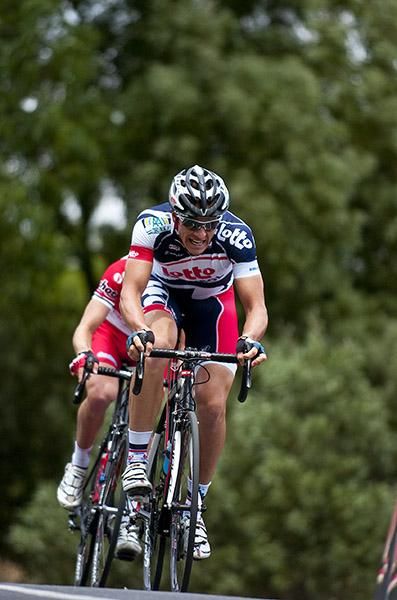 The big engine of Adam Hansen gets over the top of Mt.Buninyong.