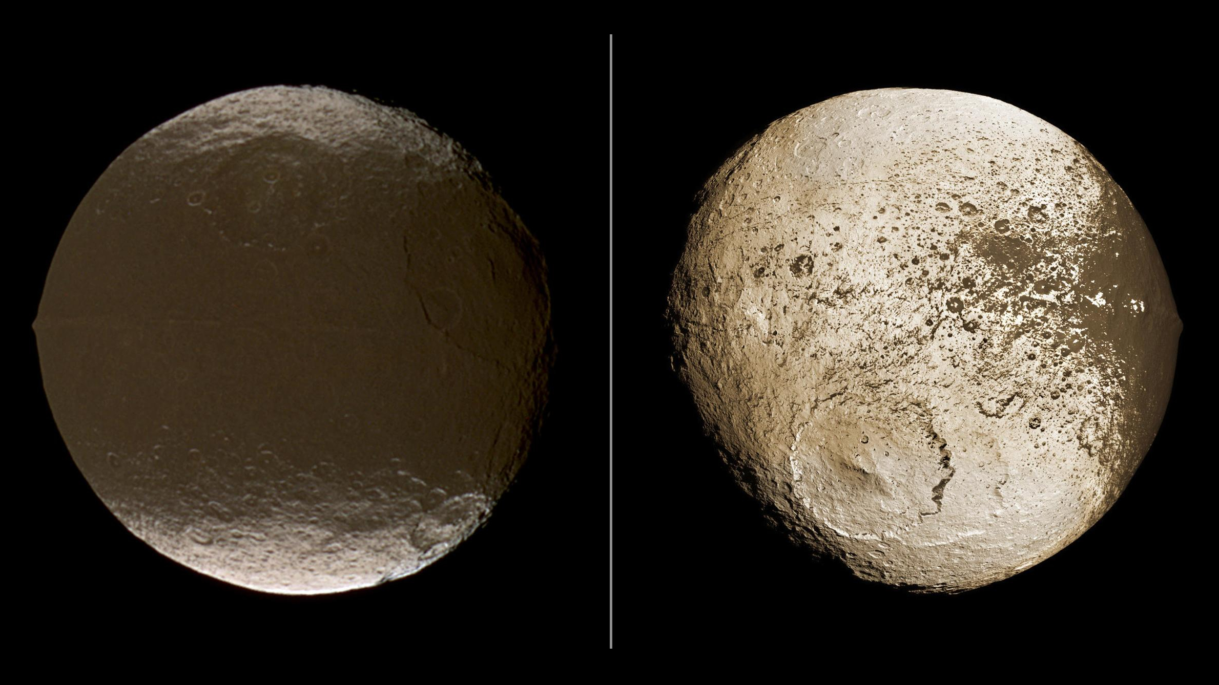 Saturn’s moon Iapetus exhibits extreme differences in brightness across the surface depending on which side faces the sun.