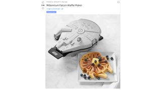 A screenshot from a Reddit thread showing a waffle maker shaped like the Millennium Falcon from Star Wars