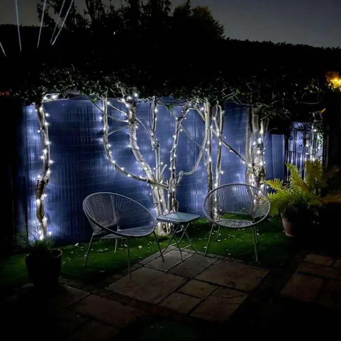 Solar powered fairy lights wrapped around trees against fence