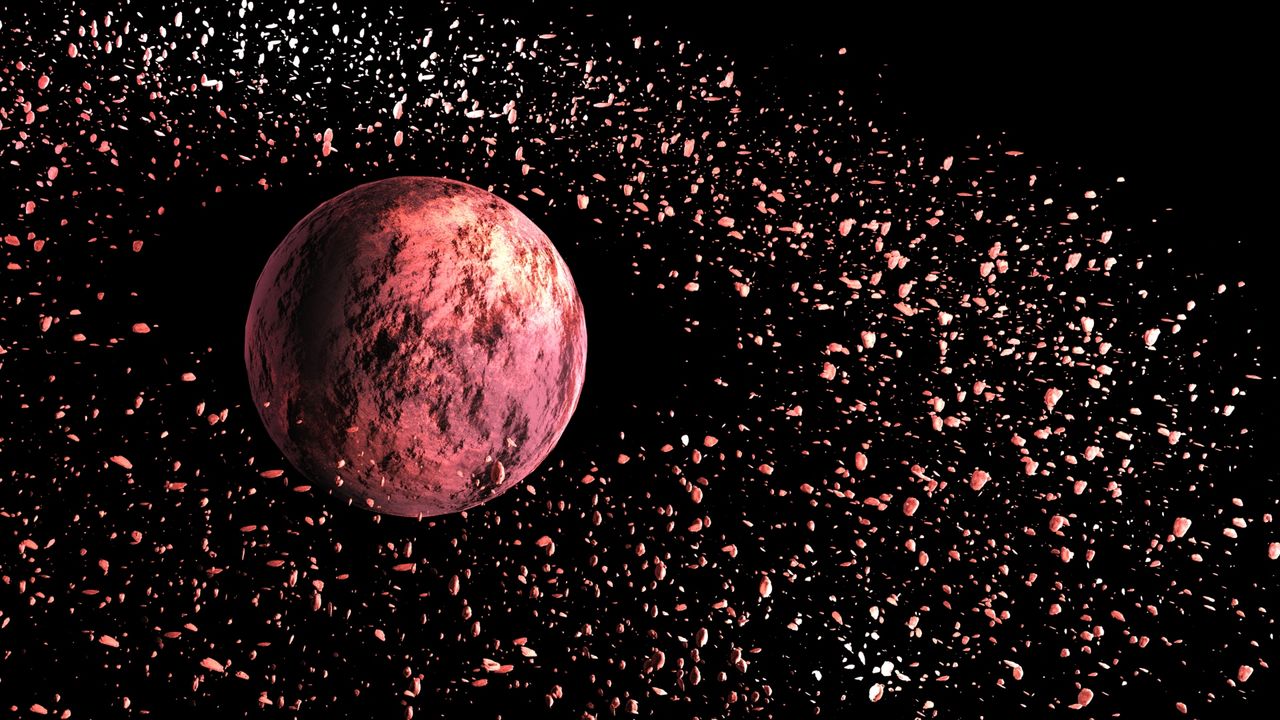 Mercury retrograde 2023: Flying pink planet with circle of asteroides isolated on black background. 3d rendering