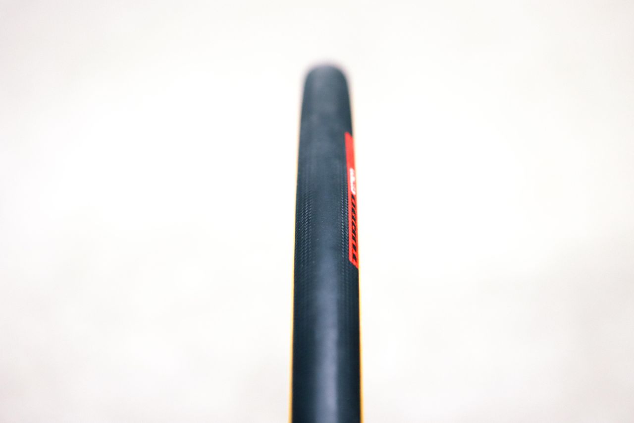 A tan bicycle tyre on a white background