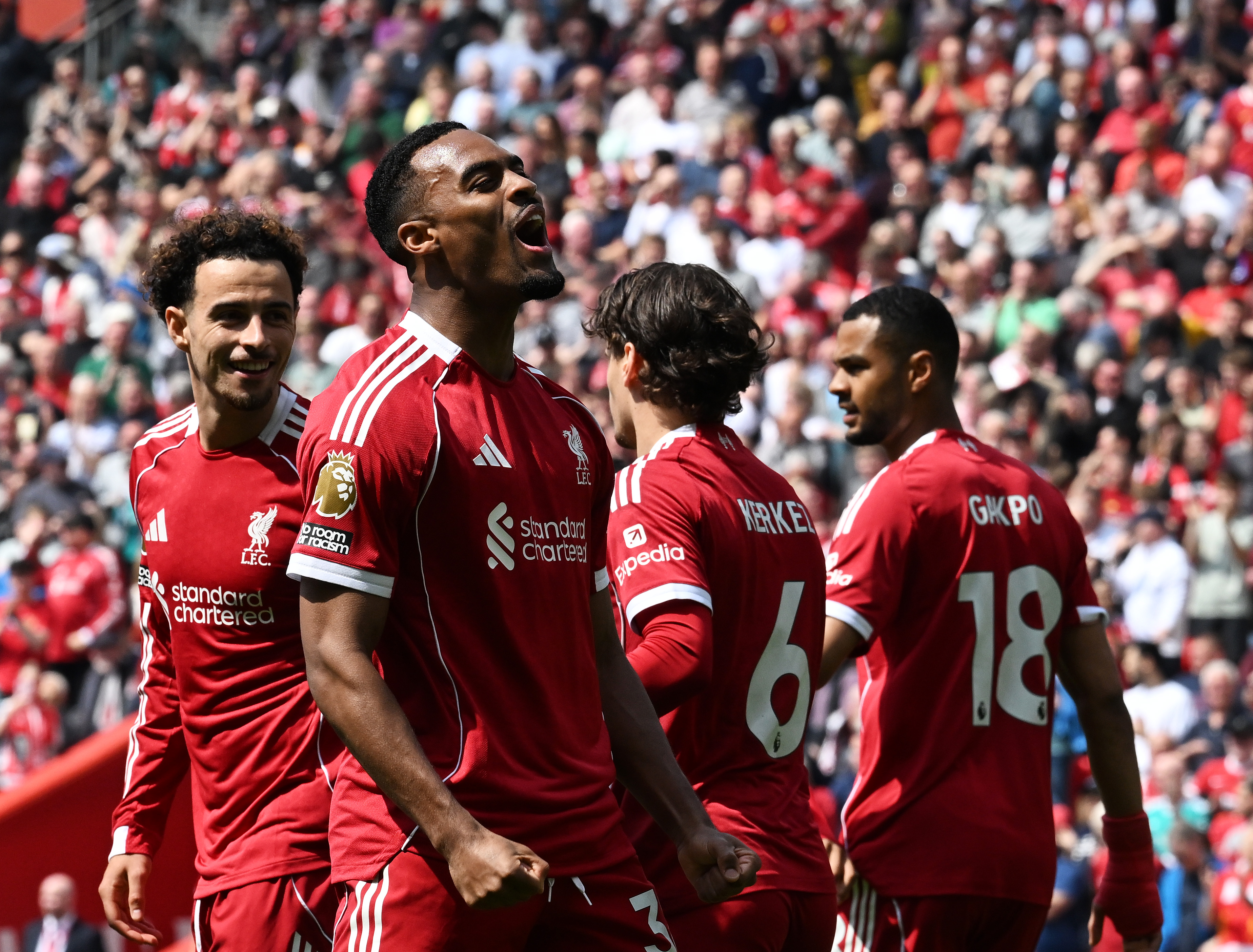 Ryan Gravenberch of Liverpool celebrates scoring his team's first goal during the Premier League match between Liverpool and Chelsea at Anfield on May 09, 2026 in Liverpool, England.