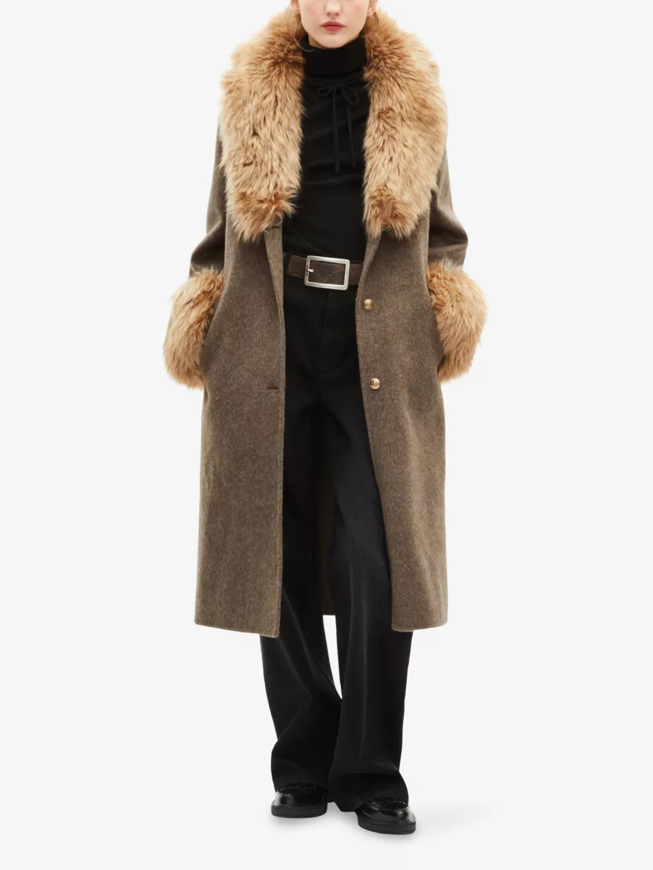 Single-Breasted Faux-Fur Wool Coat