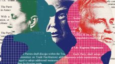 Photo composite illustration of Donald Trump, Mark Carney and Claudia Sheinbaum, and text from the USMCA agreement